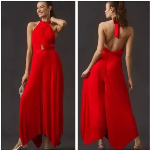 Anthropologie Red Plisse Halter Open Back Jumpsuit Womens 0 Wide Leg Holidays - Picture 1 of 8